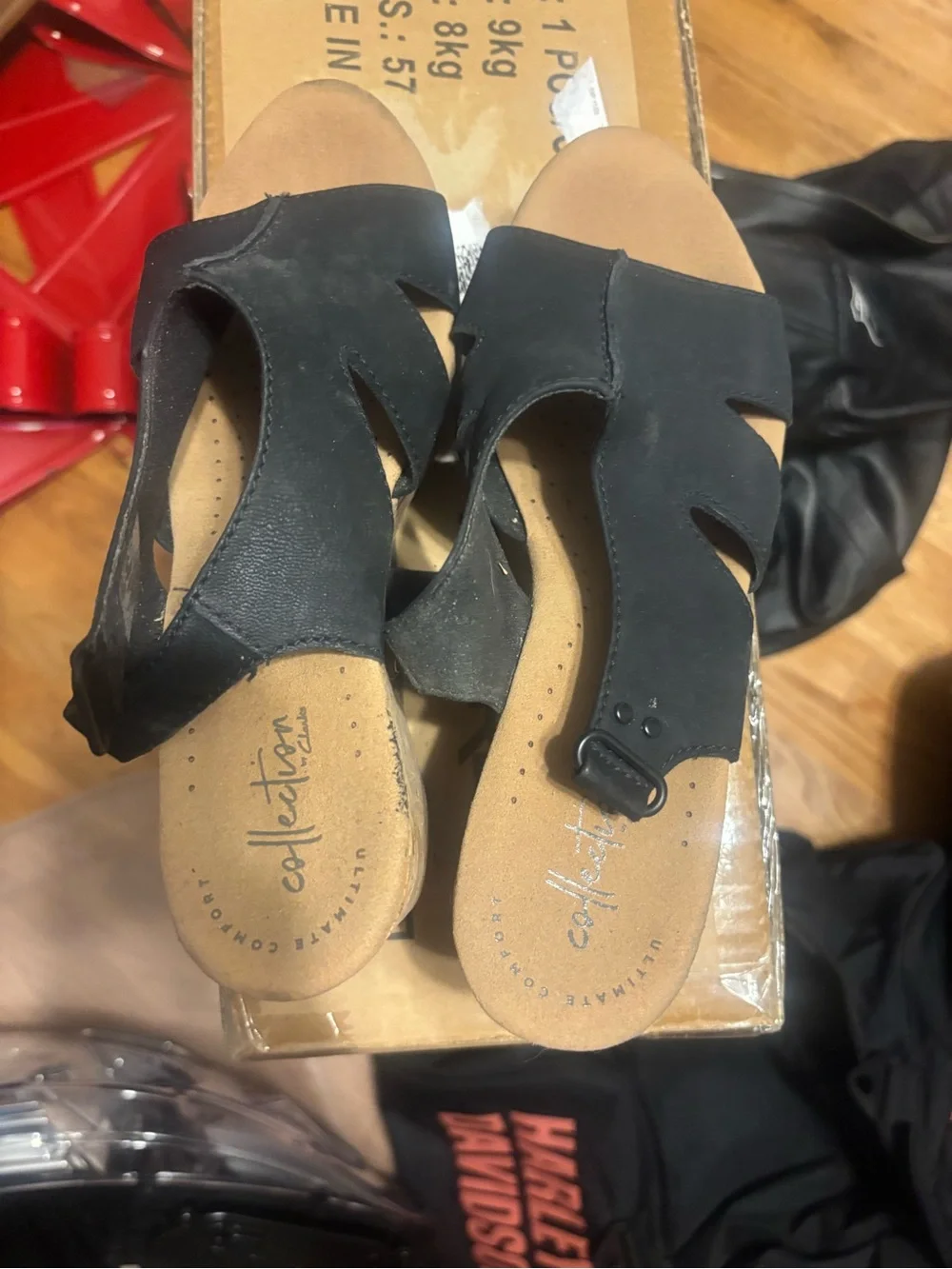 Clarks Black Wedge Slide Sandals with Cutout Upper